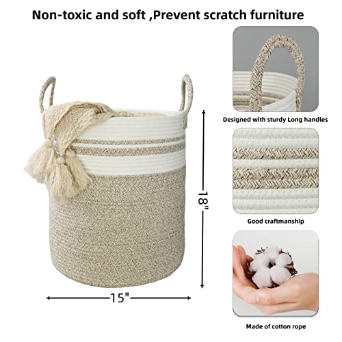 Image of XUANGUO Cotton Rope Laundry Basket Hamper for Clothes Large Brown and White | Baby Nursery Hamper Bin and Woven Storage Basket for Living Room Bedroom Boho Tall Rope Baskets Blankets Toys Pillows Towels