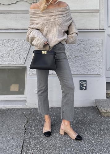 Image of Unybwonn Women Off Shoulder Sweater Top Long Sleeve Knitted Pullover Casual Loose Oversized Trendy Vintage Knitwear Tops