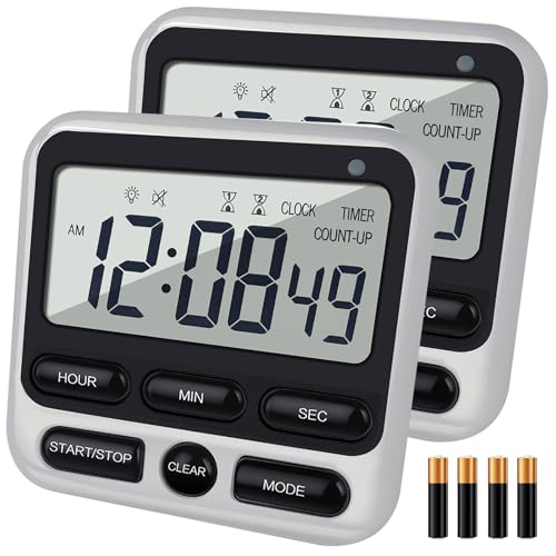 2-Pack Digital Dual Kitchen Timers with Magnet 24-Hour Countdown & Stopwatch Loud Alarm 12/24H Clock Calendar Mute Mode Visual Indicator Batteries Included (Black)