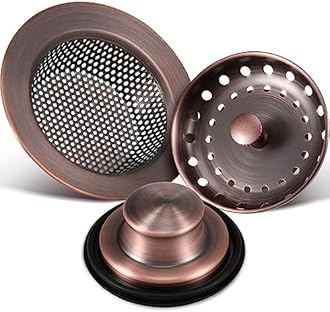 Mudder 3 Pcs Kitchen Sink Drain Strainer and Stopper Stainless Steel Garbage Disposal Plug with Handle Universal Anti-Clogging Kitchen Sink Filter Sieve Basket Strainer(Antique Copper)