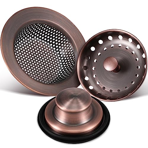 Mudder 3 Pcs Kitchen Sink Drain Strainer and Stopper Stainless Steel Garbage Disposal Plug with Handle Universal Anti-Clogging Kitchen Sink Filter Sieve Basket Strainer(Antique Copper)