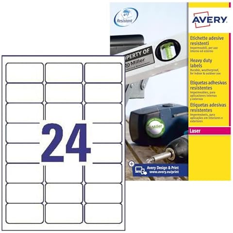 Avery Zweckform L4773 8 Outdoor Film Labels (8 Sheets, 192 Labels, Weatherproof, 63.5 x 33.9 mm White Cover