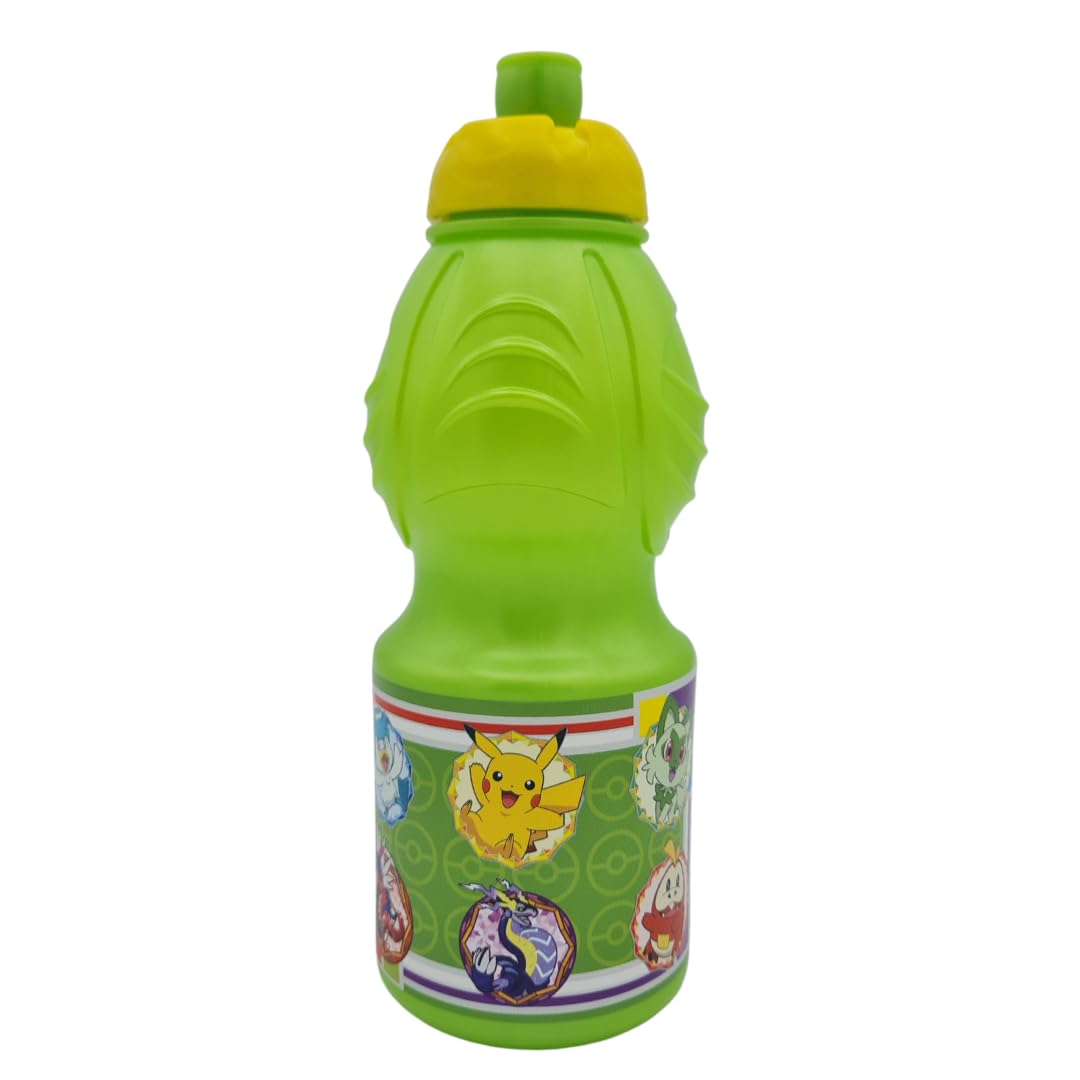 Stor Green - Pokemon Kids Plastic Drinking Bpa Free Water Bottle - Leak-Proof Lid - 400 Ml