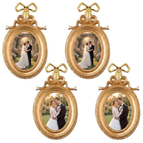 Novabright 4 Pack 2.5x3.5 Inch Gold Picture Frames, Vintage Ornate Small Photo Frames with Glass Front & Bow Hooks for Tabletop & Wall Decor, Wedding & Home Decoration, Oval