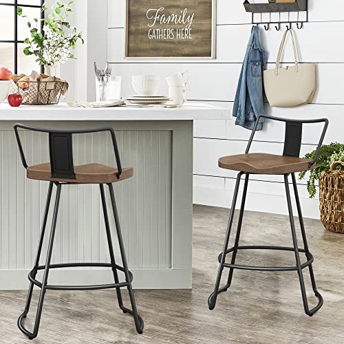 Butacos giratorios de barra de 26 pulgadas, juego de 2, sillas de barra de altura para mostrador con respaldo, estructura metálica y asiento de madera, estilo industrial y granja moderna, color negro mate miniatura 6