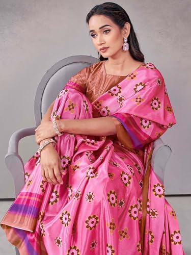 Image of Satrani Women's Chinnon Printed Saree with Unstitched Blouse Piece