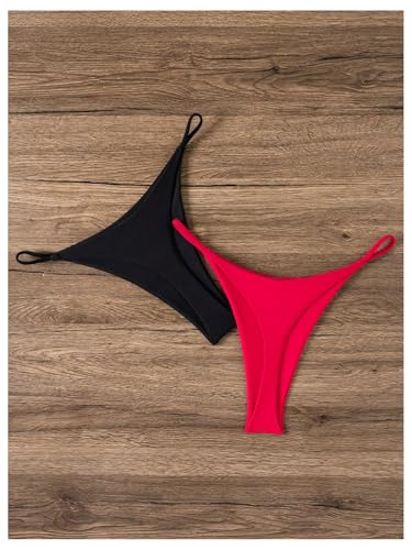 SweatyRocks Women's 2 Pack High Cut Thong Bikini Bottoms Cheeky Swimsuit Bathing Suit Bottoms Swimwear2
