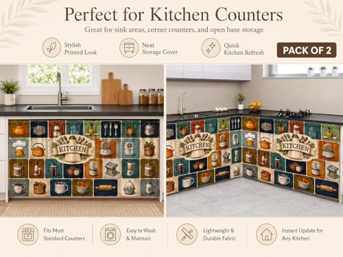 Image of Decorative Sink Curtain for Kitchen | Pack of 2 | 150x70 cm Under-Sink Cover | Printed Fabric Panel with Rod Pocket | Washable Storage-Hiding Curtain for Modern Home Decor (Kitchen Pack of 2)