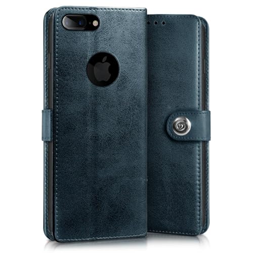 Image of WOW IMAGINE Shock Proof Flip Cover Back Case for Apple iPhone 7 Plus | 8 Plus (Designer Magnetic Button Flip Case | Inbuilt Wallet Pockets & Stand | Leather Finish | Oxford Blue)