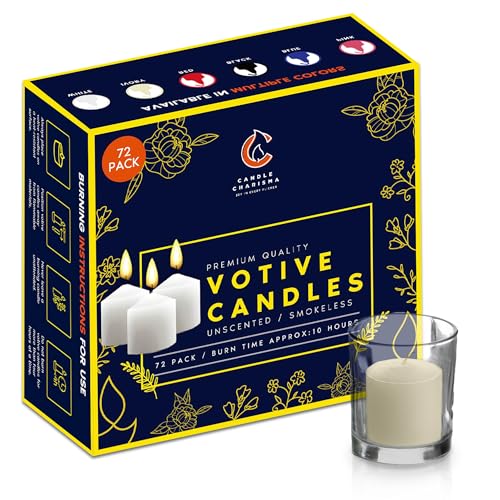 Candle Charisma Natural Ivory Unscented Votive Candles - 10 Hour Burn time - Set of 72 for Dinner, Wedding, Halloween and Holiday Decorations
