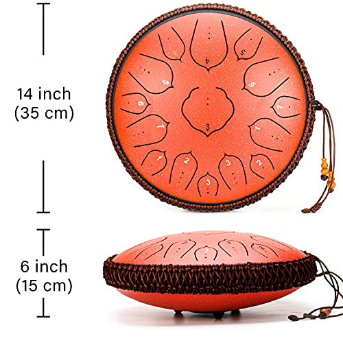 Amkoskr Stahlzungentrommel, 14 Zoll 35 cm Steel Tongue Drum, D-Dur 15 Noten, Handtrommel HandPan Drum mit Drumsticks/Tragetasche(Rot) - Image 5