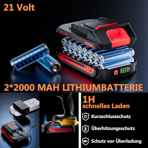 Olubfdh Accuschroevendraaier met accu, 4000 mAh, 45 Nm koppel max 25 + 3 koppelstanden (2 versnellingen en led) met 2 accu's 21 V 2,0 Ah en oplader, voor huis en tuin, doe-het-zelf project (geel) - Afbeelding 6