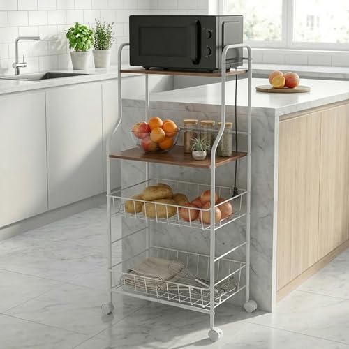 Image of Lukzer 4-Tier Kitchen Storage Rack & Microwave Oven Stand with Wheels Engineered Wood Shelf & Metal Wire Basket Rolling Cart for Kitchen Pantry & Home Organizer (White & Oak Brown /41x56x126cm) CH-092