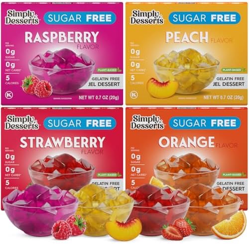 Simply Delish Plant Based Natural Variety Bundle Jel Dessert – 4 Pack (1) of Raspberry, Peach, Strawberry, and Orange – Zero Sugar, 0g Net Carbs, Gluten Free, Vegan, Diabetic & Allergen Free