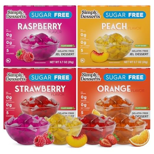 Simply Delish Plant Based Natural Variety Bundle Jel Dessert – 4 Pack (1) of Raspberry, Peach, Strawberry, and Orange – Zero Sugar, 0g Net Carbs, Gluten Free, Vegan, Diabetic & Allergen Free