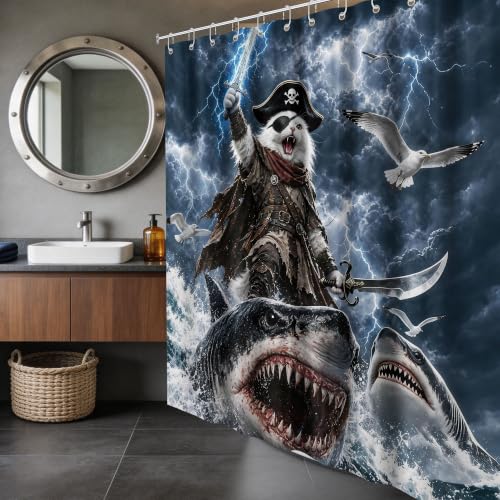 Image of Funny Cat Riding Shark Shower Curtain, Extra Long 70x78 in, Kids
