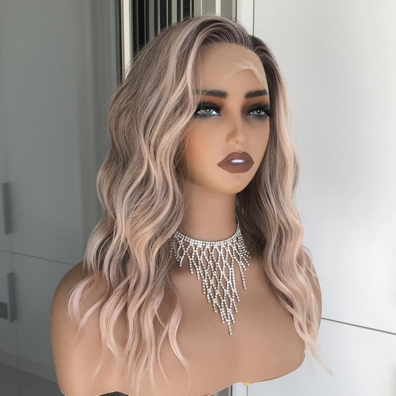 Aisom Mila Apricrown Water Wave Free Part Lace Front Wig with Scandinavian Hairline 16 Inch Heat Friendly Synthetic Lace Wig for Womem Low Density Daily Use