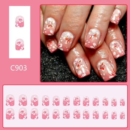 Image of Flower Press on Nails Spring Summer Fake Nails Pink Full Cover Glue on Nails with Glitter Design Floral Stick on Nails Reusable Artificial Acrylic Short Square False Nails for Women Manicure 24Pcs