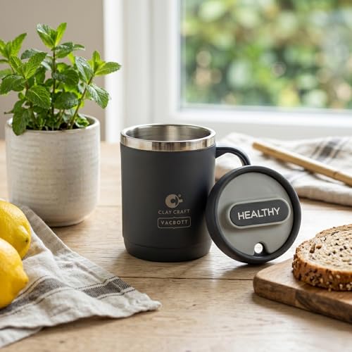 Image of CLAY CRAFT VACBOTT Dyona 400ML (Dark Blue)Premium Stainless Steel Puf-Insulated Flask Mug|304 Food Grade Steel| Long Hrs Hot & Cold|Airtight, BPA-Free, Leak-Proof Travel Mug with Handle| Made in India