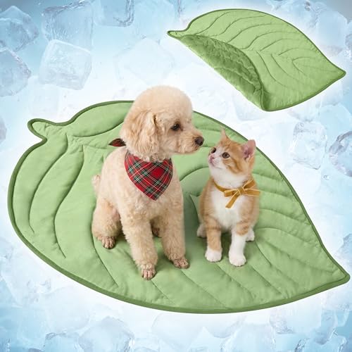PetAmi Dog Cooling Mat, Leaf Shape, Pet Pad with Cooling Nylon & Soft Fleece, Q-Max  0.4 Reversible All Season Blanket for Dogs & Cats, Small 32x39 in, Sage Green