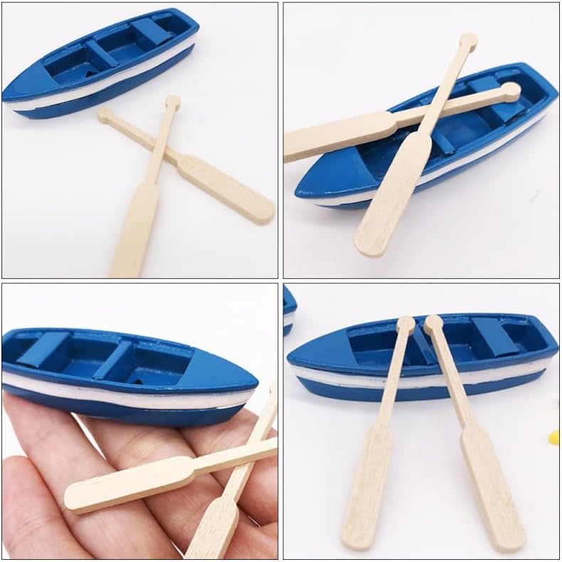 Miniatura 8 de SEWACC 15 juegos de mini botes de remos en miniatura de madera azul, pequeñas figuras de bote de remos de resina, botes de canoa, micro paisaje para