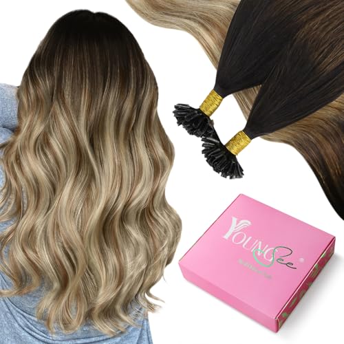 Image of YoungSee U Tip Extensions Human Hair Balayage Utip Hair Extensions Human Hair Brown with Blonde Balayage K Tip Hair Extension Real Hair Ombre Long Hair 24In for Date Nights 50s /50g