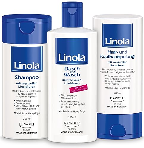 Linola Shampoo 200 ml + Haar- und Kopfhautspülung 200 ml + Dusch und Wasch 300 ml | Haar- und Kopfhautpflege gegen Trockenheit, Juckreiz und bei Neuigung zu Neurodermitis | ohne Mikroplastik