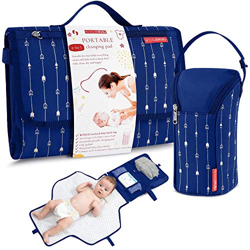 Image of Portable Diaper Changing Pad Waterproof – B0NUS Insulated Baby Bottle Bag, 2-in-1 Diaper Clutch and Changing Mat, Wipe Clean Portable Changing Pad with Built-in Head Cushion (Dark Blue)