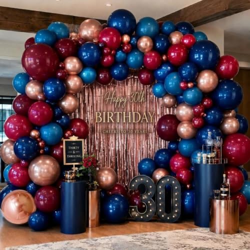 Image of Red Blue Balloon Garland, Double Stuffed Navy Blue Dark Burgundy Balloon Arch Kit Rose Gold Fringe Curtains for Birthday Graduation Patriotic Father's Day Prom Party Decoration