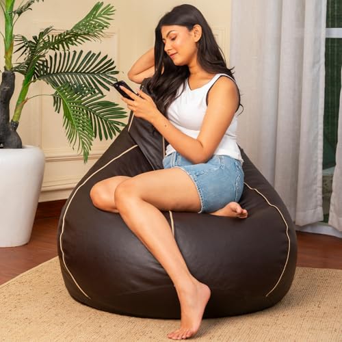 Image of Sattva Classic 4XL Bean Bag Chair with Beans Filled | Sofa Style Faux Leather Beanbags with Beans Filling | Comfortable Bin Bags Sofa for Adults & Teens, Living Room & Office | Brown with Beige Piping