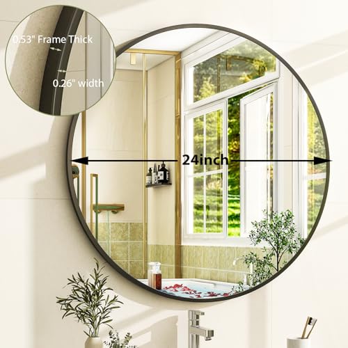 Image of EASLY 24 Inch Round Mirror, Black Metal Frame Wall Mirror for Bathroom