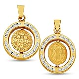 14K Yellow Gold Religious Double Sided St. Benedict Medallion Charm Pendant with CZ Cubic Zirconia...