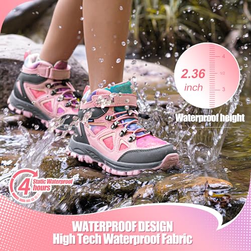 R CORD Kids Hiking Boots Waterproof Girls Hiking Boots Durable TPR Traction Outsole Anti-Skid Athletic Hook and Loop Drawstring Closure Hiking Boots for Outdoor2