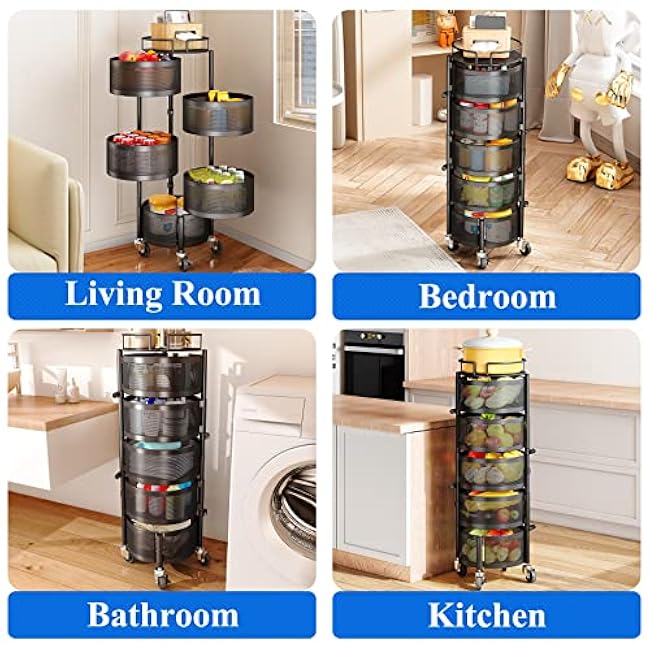 SAYZH Fruit Vegetable Basket for Kitchen, Rotating Storage Rack, 5 Tier Rolling Cart with top lid, Large Metal Wire Wheels, Black-aaREJMFQ
