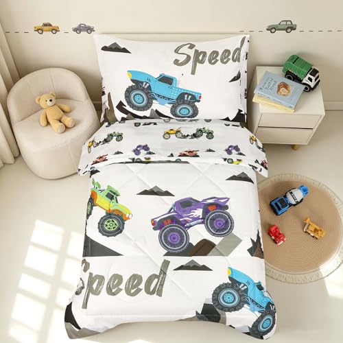 Image of 4 Piece Toddler Bedding Set, Ultra Soft and Breathable Cartoon Car Toddler Comforter Sets for Boys Includes Quilted Comforter, Fitted Sheet, Flat Sheet and Pillowcase