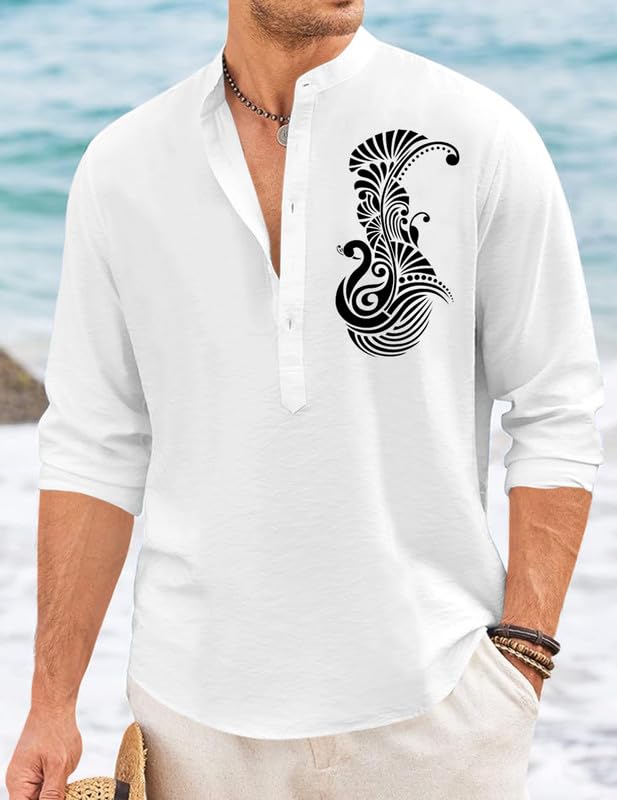Image of FINIVO FASHION Men's Printed Cotton Blend Short Kurta with Artistic Chest Design | Stylish Full Sleeve Casual Kurta with Mandarin Collar for Daily, Travel Soft Textured