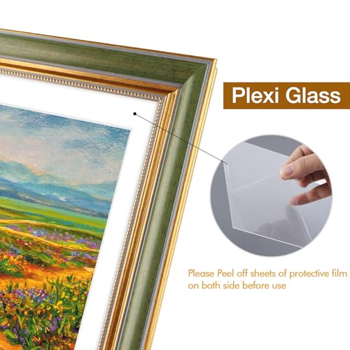 Image of Golden State Art,12x16 Ornate Picture Frame Holds 8x12 Photo,Green Gold | Includes plexiglass front,white mat,build-in hangers and buttons.Displays 8x12 photo on wall