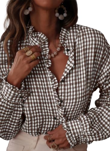 Astylish Women's Button Down Plaid Shirt Casual Tops 2025 Fall Flowy Long Sleeve Ruffle V Neck Trendy Checkered Blouses Coffee Medium