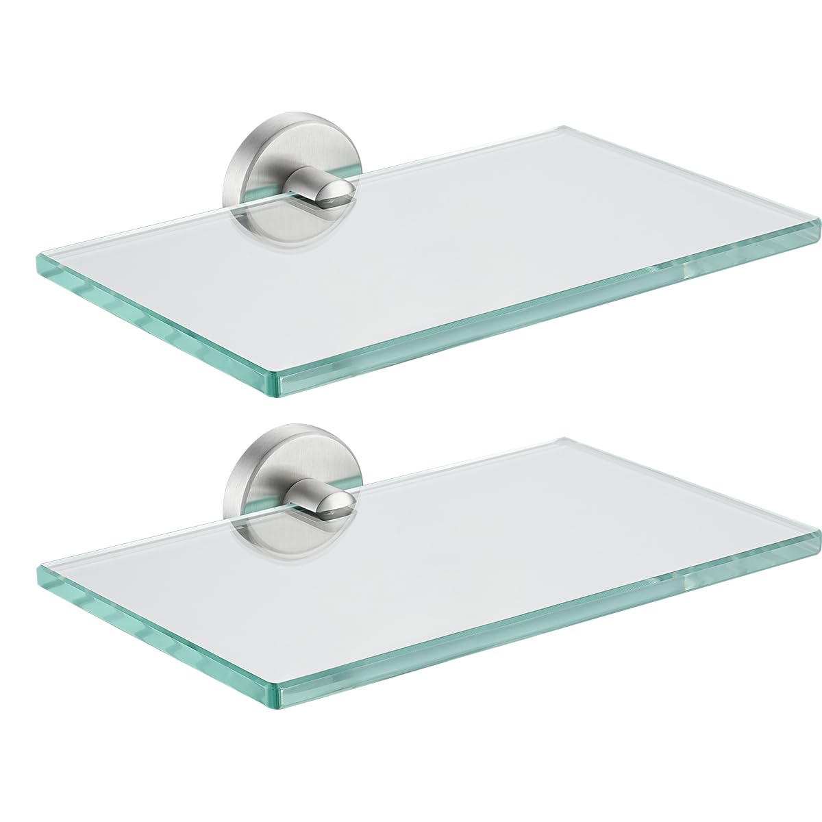 JQK Bathroom Glass Shelf, Tempered Glass Shower Storage 8 by 5 inches, 304 Stainless Steel Brushed Finish Wall Mount 2 Pack, TGS101L8-BN-P2