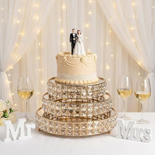 Image of Goaste 3 Pack Crystal Cake Display Stand with Mirror, 14 inch 12 inch 10 inch Metal Pedestal Gold Round Cake Plate Stand, Dessert Cookies Fruit Serving Tray with Shining Crystal Beads for Wedding, Birthday Party