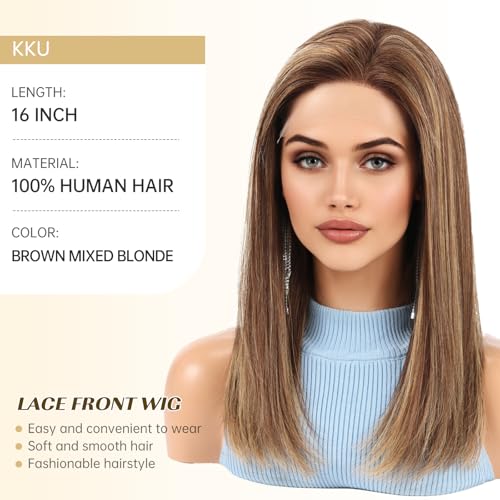 Image of KKU 100% Human Hair Wig, Lace Front Wigs Human Hair Side Part,Brown Mixed Blonde Wig Human Hair, Real Human Hair Wigs for Women(16Inch)