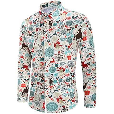 RAISEVERN Men's Casual Shirt Printed Long Sleeve Button Down Holiday Style Hawaiian Shirts for Chritsmas Days, White Christmas Day, L Cover