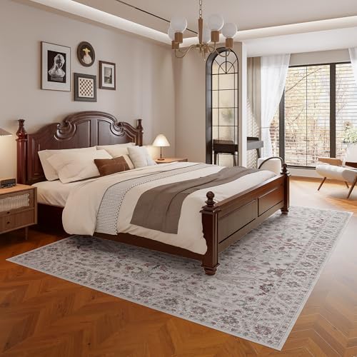 Vintage 9x12 Washable Area Rug, Low-Profile Large Area Rug with Non-Slip Backing & Durable Edge Binding, Pet-Friendly Carpet, Large Rug for Living Room, Bedroom & Dinning Room