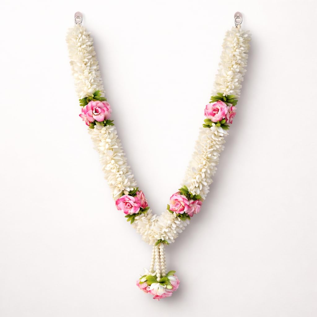 Handcrafted Artificial Flower Mala, White Jasmine & Rose Garland with Pearl Tassel, Reusable for Pooja, Wedding, Home Mandir, Festivals 18 Inch (Pink)-image-47