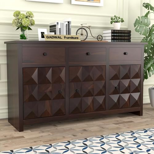 Image of Solid Sheesham Wood Wooden Sideboard Storage Cabinet & Chest of Drawer : Ideal for Living Room and Bedroom with 3 Drawers and 3-Shelf Storage (Morse, Walnut Finish)