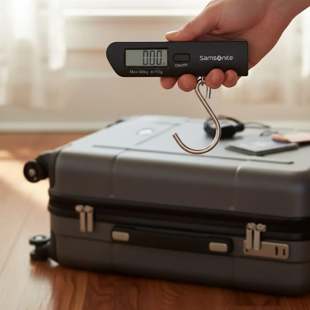 Samsonite Global TA – Báscula Digital para Equipaje con Gancho, Pantalla LCD Precisa, Compacta y Portátil, Báscula Digital para Equipaje para Maletas y Bolsas de Viaje, Negro