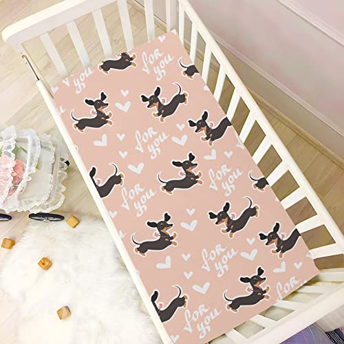 Image of Fitted Crib Sheets Cute Dachshund Dog Stretchy Portable Playard Sheets for Baby Toddler, Breathable Soft Mini Crib Mattress 52 x 28 in for Boys and Girls