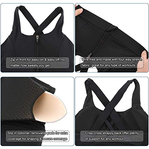 Image of Cordaw Zipper in Front Sports Bra High Impact Strappy Back Support Workout Top