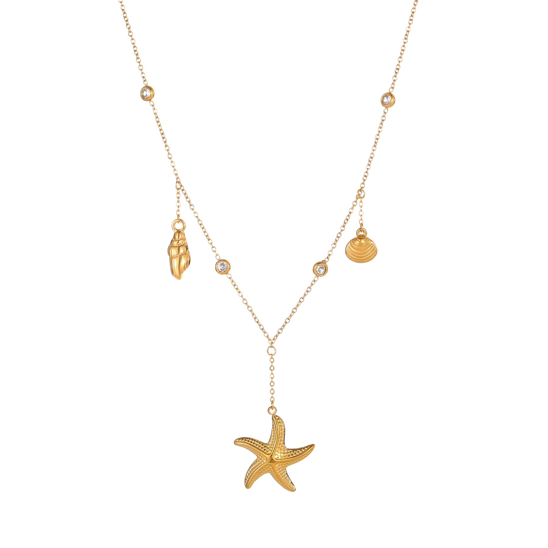 18K Gold Plated Charm Necklace for Women Trendy Coin Sun Shell Starfish Seashell Sea Turtle Seahorse Ocean Series Pearl Pendant Necklaces Boho Summer