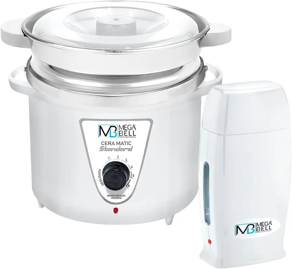 Kit Panela Depilação Termocera 900g Com Refil Branco + Aquecedor de Cera Roll-on Todo Branco Mega Bell